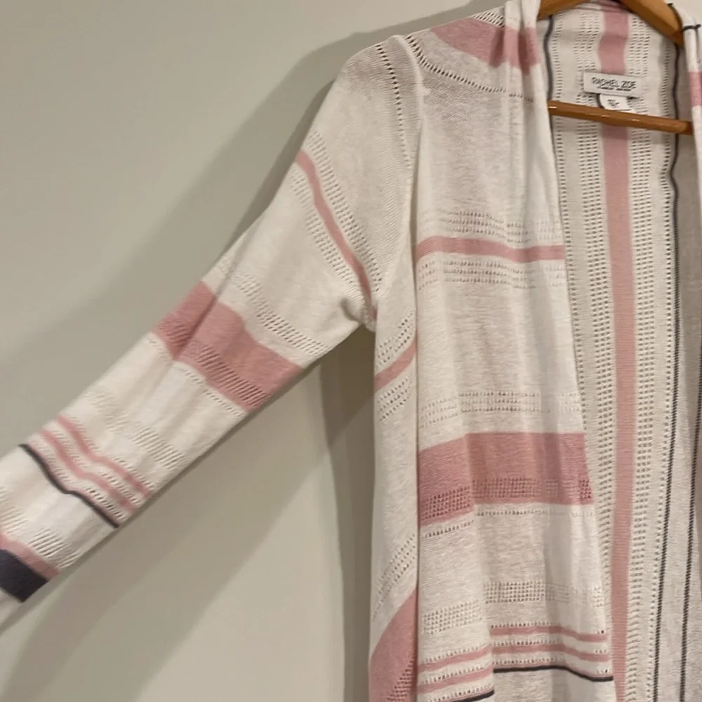 RACHEL ZOE Linen Knit Waterfall Open Wrap Cardigan Pink Gray White Eyelet - Picture 3 of 8